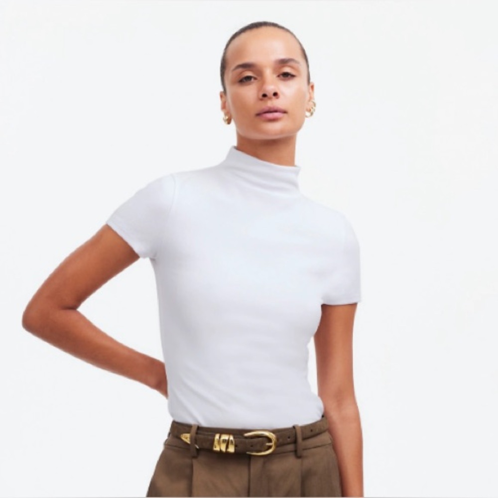 Madewell Women's Short-Sleeve Mockneck Tee in Eyelet White, Size XS